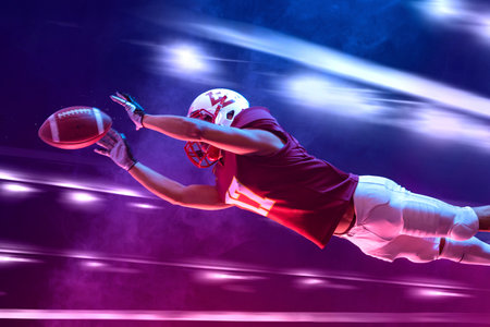 American football player in action banner with neon colors. Template for bookmaker ads with copy space. Mockup for betting advertisement. Sports betting, football betting, gambling, bookmakerの写真素材