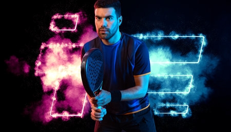 paddle tennis player with racket. Man athlete with racket on court with neon colors. Sport concept. Download a high quality photo for the design of a sports app or betting site.の写真素材