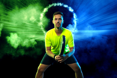Tennis player banner on the black background. Tennis template for ads with copy space. Mockup for betting advertisement. Sports betting on tenisの写真素材