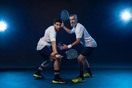 Padel tennis doubles. Two athletes players with racket. Man athlete with paddle racket on court with neon colors. Sport concept. Download a high quality photo for the design of a sports appの写真素材