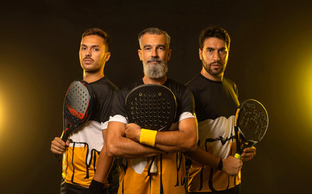 Group of paddle tennis players with racket. Men athletes with paddle racket on court with neon colors. Sport concept. Download a high quality photo for the design of a sports app or betting site.の写真素材