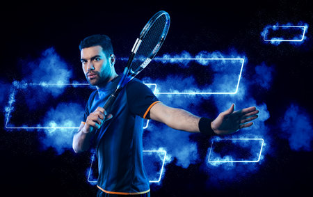 Tennis player banner. Neon lights on the background. Tennis template for ads with copy space. Mockup for betting advertisement. Sports betting on tennisの写真素材
