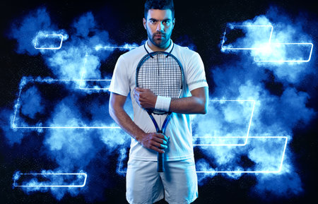 Tennis player banner with blue neon lights. Tennis template for bookmaker design ads with copy space. Mockup for betting advertisement. Sports betting on tennisの写真素材