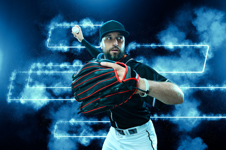 Baseball player in neon lights. Game day. Download a high resolution photo to advertise baseball...