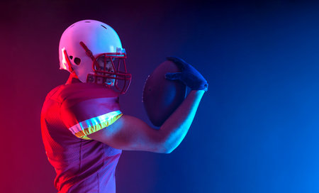 American football player banner with neon colors. Template for bookmaker ads with copy space. Mockup for betting advertisement. Sports betting, football betting, gambling, bookmaker, big winの写真素材