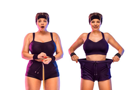 Before and After Weight Loss Fitness Transformation. Woman was fat but became athlete. Fat to fit concept. Body positive and fitness idea for social media post. Isolated on white background.の写真素材