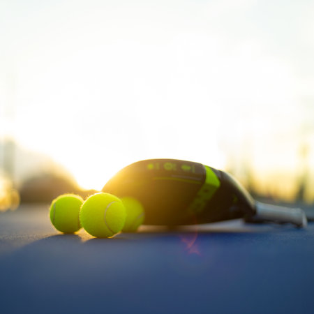 Padel tennis racket. Background with copy space. Sport court and balls.
