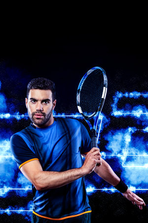 Tennis player banner with blue neon lights. Tenis template for sports app design with copy space.の写真素材