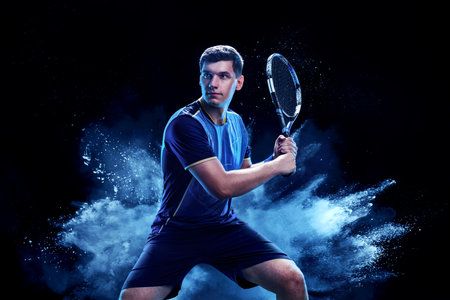 Tennis player with racket closeup. Man athlete playing isolated on black background.の写真素材