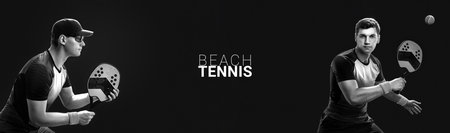Beach tennis player with racket. Banner for advertisement. Man athlete playing isolated on black background.の写真素材
