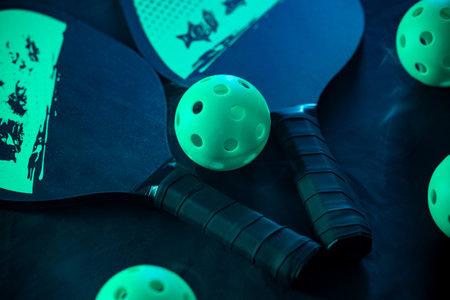 Pickleball game set. Rackets and balls on the court. Copy space. Sports background.の写真素材