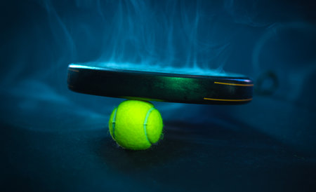 Padel tennis racket. Background with copy space. Sport court and balls. Social media template. Promotion for padel events.の写真素材