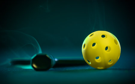 Pickleball game set. Rackets and balls on the court. Copy space. Sports background.の写真素材