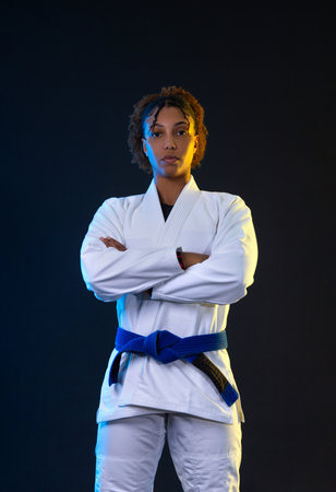 Brazilian girl Jujutsu fighter is ready for the Jiu Jitsu wrestling competition. Brazilian sport ju-jitsu. Mixed martial arts.の写真素材