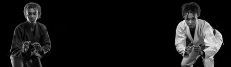 Black and white banner with copy space. Brazilian girl Jujutsu fighter is ready for the Jiu Jitsu wrestling competition. Brazilian sport ju-jitsu. Mixed martial arts.の写真素材