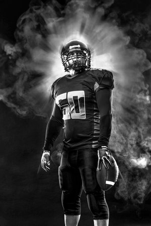 American football player. Template for bookmaker ads with copy space. Mockup for betting advertisement. Sports betting, football betting, gambling, bookmaker, big winの写真素材