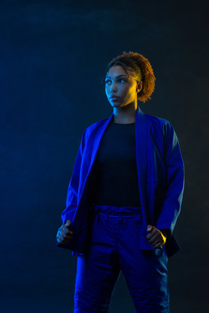 Brazilian girl Jujutsu fighter is ready for the Jiu Jitsu wrestling competition. Brazilian sport ju-jitsu. Mixed martial arts.の写真素材