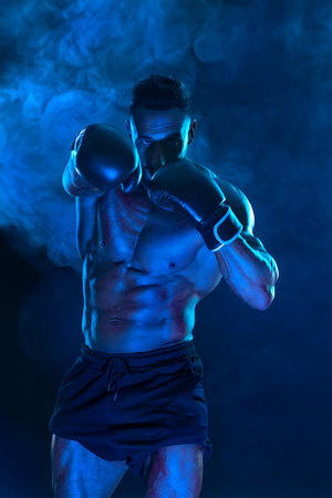 Man Athlete Boxer banner. Template for a sports magazine on the theme of boxing with copy space. Mockup for betting advertisement.の写真素材