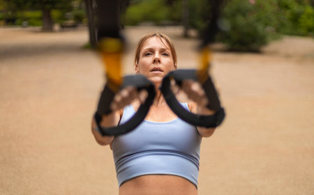 Woman doing push ups with  fitness straps outdoors. Sporty woman with fit body in sportswear outdoor at the park on the morning fitnessの写真素材