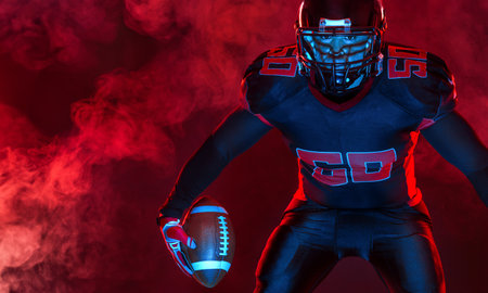 American football player banner on red neon background. Template for bookmaker ads with copy space. Mockup for betting advertisement. Sports betting, football betting, gambling, bookmaker, big winの写真素材