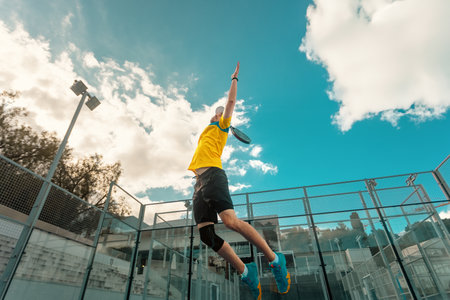 Padel player in action. Open Tour Template. Padel tennis player on the court background outdoors. Paddle tenis template for social media design ads with copy space. Mockup for events advertisement.の写真素材