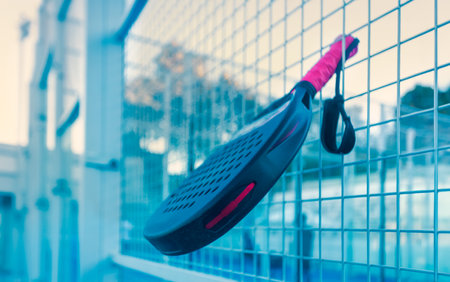 Padel tennis racket. Background with copy space. Sport court and balls.の写真素材
