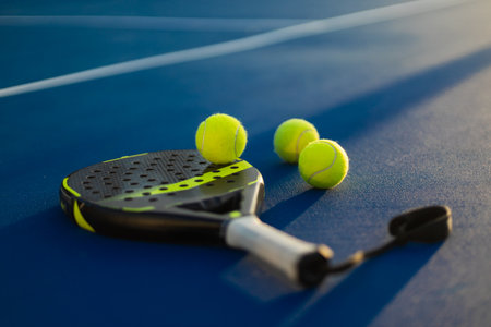 Padel tennis racket. Background with copy space. Sport court and ballの写真素材