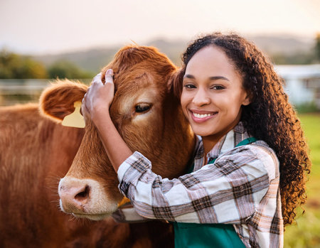 Female farmer hugging her cow on a farm, symbolizing love for animals, sustainable farming, and ethical livestock care. Perfect for agriculture, rural life, and eco-friendly farming concepts.の素材