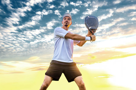 Padel player. Open social tour template. Padel tennis player on the sky background outdoors. Paddle tenis template design ads with copy space.の写真素材