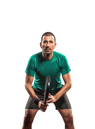 Padel player with racket on white background, perfect for sports event ads, social media promos, padel tournament posters, design templates, flyersの写真素材