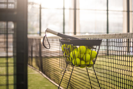 Folding basket with balls for padel classes on the court. Trainer equipment. Background with copy space. Sport court and balls. Background for advertising social padel tournaments and training classesの写真素材