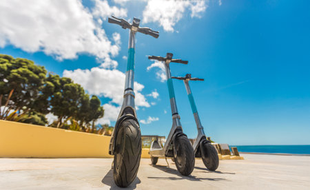 Electric Scooters Parked by the Ocean with Palm Trees, Eco Urban Transport Concept