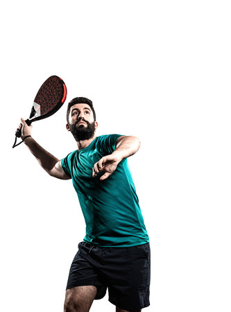 Padel player with racket on white background, perfect for sports event ads, social media promos, padel tournament posters, design templates, flyersの写真素材
