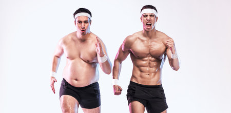 Before and after weight loss transformation showing overweight man running next to his fit and muscular version concept of fitness motivation body change healthy lifestyle and determinationの写真素材