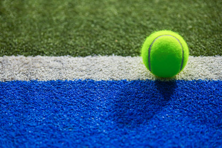 Padel or tennis ball. Background with copy space. Ball at sports court. Social media template. Promotion for padel events.の写真素材