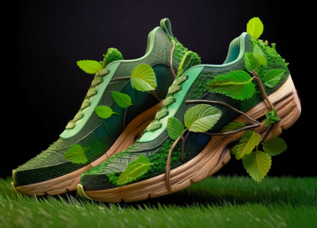Eco sneakers made of leaves bark and roots standing on grass. Sustainable sportswear design combining fitness with natural materials and green energyの素材