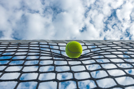 Padel or tennis ball in the net. Background with copy space. Sport court and ball. Social media template. Promotion for padel and tennis events.の写真素材