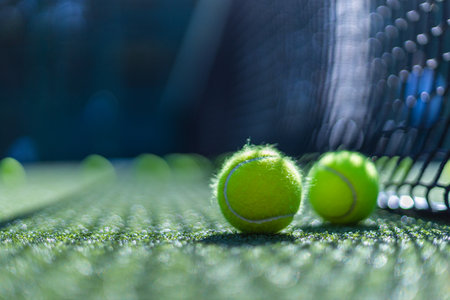 Padel balls on court during sunny day, clean and minimalistic image for sports websites, blogs, and promotional materials.の写真素材