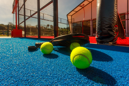 Padel tennis racket with balls. Background with copy space. Sport court and balls. Download a high quality photo with paddle for the design of a sports app or social media advertisementの写真素材