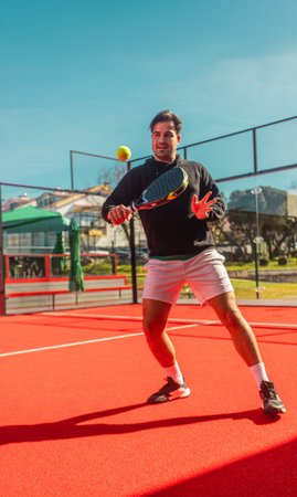 Padel player with racket on court in action at tournament