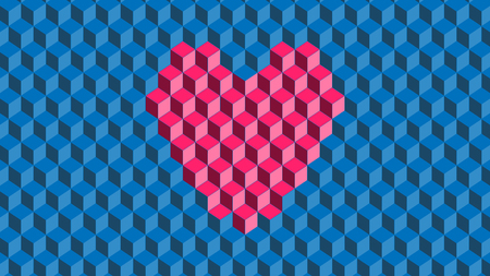 vector of pink cube with heart shape on blue backgroundのイラスト素材