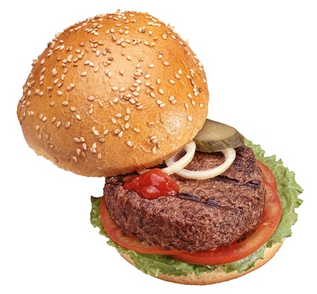 hamburger patty and roll showing meat and garnish isolated on white with pathの写真素材