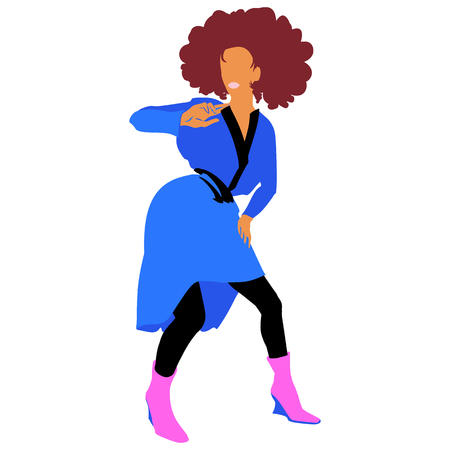 Disco dancing african american girl in blue dress and pink bootsの写真素材