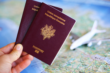 Passport to travel with map backgroundの写真素材