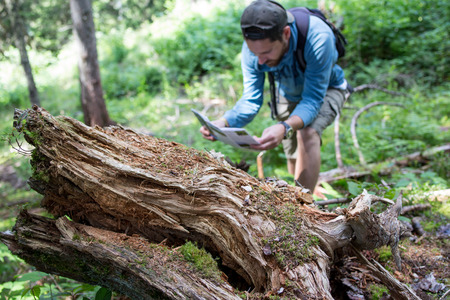 Man hiker look at the map in forestの写真素材