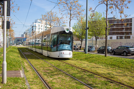 Modern business center in the city with tramwayのeditorial素材