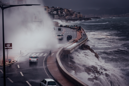 Stormy background with Big Waves Splash Against City