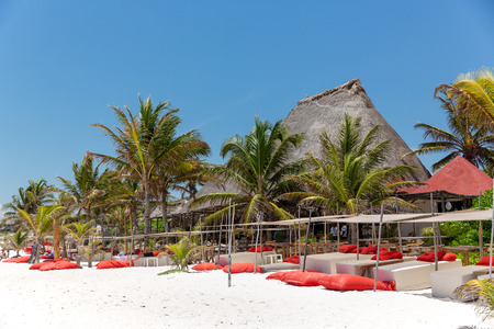 Beach bed relax under the sun on Tulum Caribbean beachの写真素材
