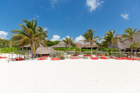 Beach bed relax under the sun on Tulum Caribbean beachの写真素材