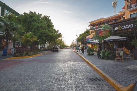 Playa Del Carmen, Mexico City - 05 / 05-2018: Famous paved street in Playa del carmen at sunriseのeditorial素材